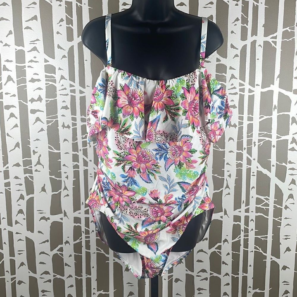 La Blanca One-Piece Island Goddess Off The Shoulder Swimsuit sz 20W Bright Flora
